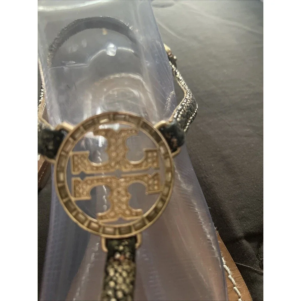 Tory Burch Sandal Women Size 8  T-Strap Thong Black /Gold Leather  Rhinestone